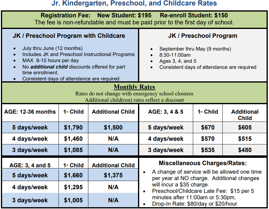 Monthly Rate For Jr Kindergarten & Childcare  